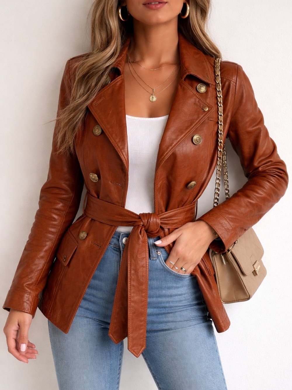 Women's Cognac Brown Leather Belted Trench Jacket Size XS